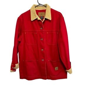 Ralph Lauren Jeans Chore Barn Denim Jacket Red Corduroy Trim Womens Large
